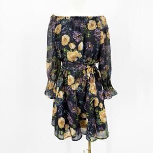 Few Moda Fit & Flare Dress 8 Floral Off Shoulder‎ Smocked Waist Belted Romantic